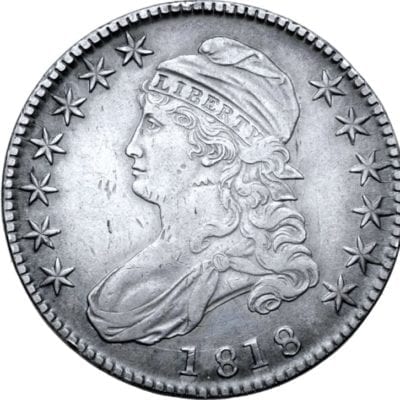 1818 Draped bust of Liberty left, wearing Phrygian cap; seven stars before, six stars behind, date below