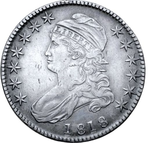 1818 Draped bust of Liberty left, wearing Phrygian cap; seven stars before, six stars behind, date below