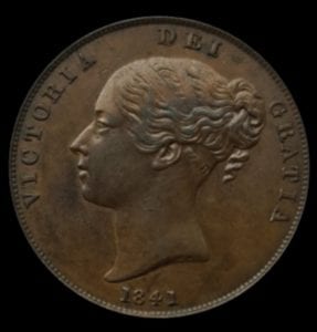 Victoria (1837-1901), copper Penny, 1841 Young filleted head left, date below, W.W. incuse on truncation