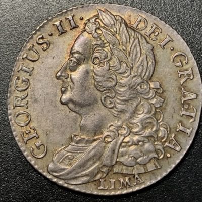 George II (1727 – 1760), Shilling, laureate, draped & cuirassed bust