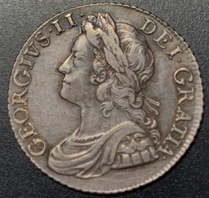 George II (1727-60), silver shilling , 1741, young laureate and draped bust left, legend and toothed border surrounding