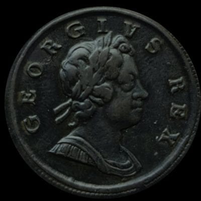 George I (1714-1727), “Dump” issue Copper Halfpenny 1717, first issue, laureate and cuirassed bust right, toothed border both sides