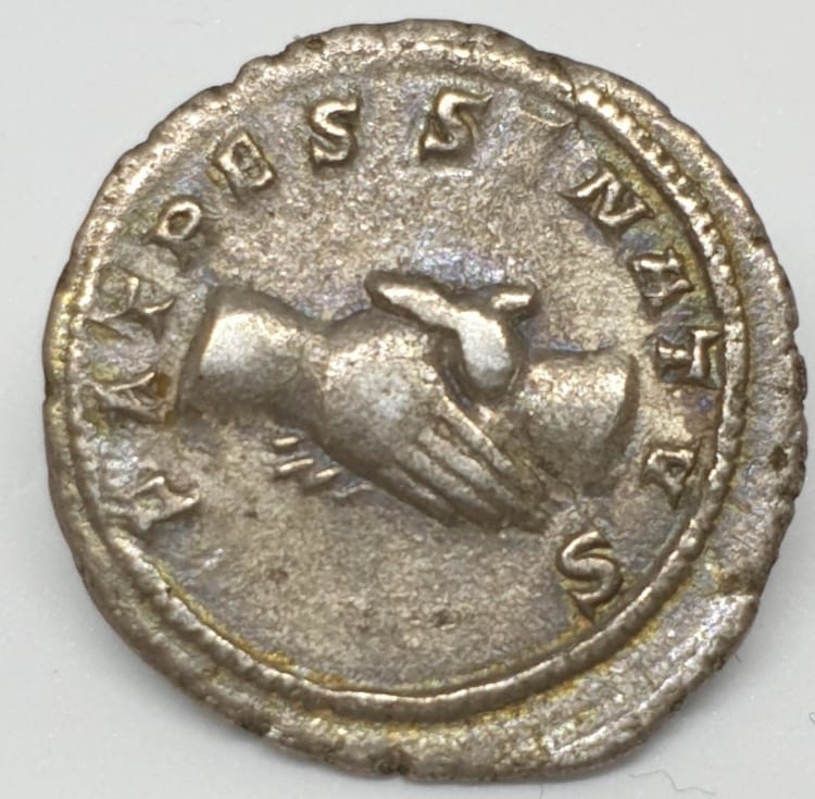Pupienus (238 A.D), Silver Antoninianus. Minted in Rome, 238 A.D. PATRES SENATVS, clasped hands IMP CAES PVPIEN MAXIMVS AVG, radiate, draped and cuirassed bust of Pupienus right